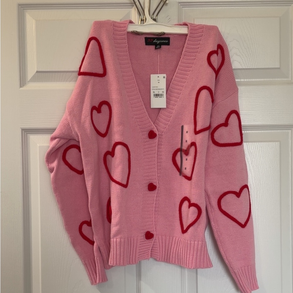Adorable Pink Cardigan knit with Red Heart Accents